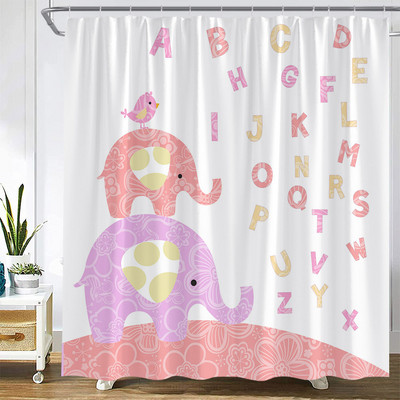 Karikatūra ar rokām apgleznota dzīvnieku dušas aizkars kaķis putns trusis augs puķes bērns vannas istabas dekors ar āķi piekārtu ekrānu, mazgājams