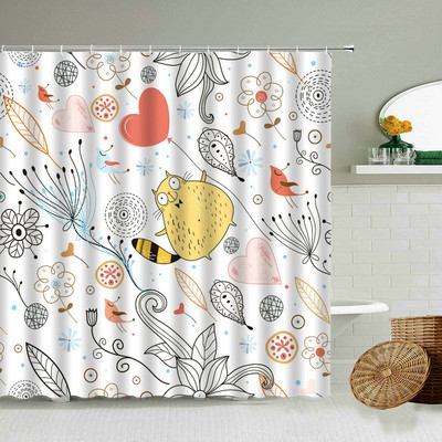 Karikatūra ar rokām apgleznota dzīvnieku dušas aizkars kaķis putns trusis augs puķes bērns vannas istabas dekors ar āķi piekārtu ekrānu, mazgājams