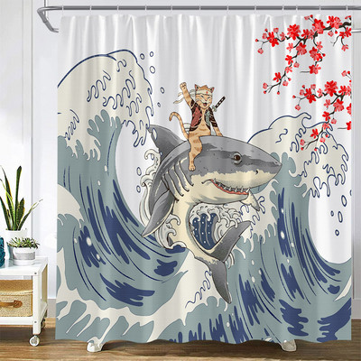 Karikatūra ar rokām apgleznota dzīvnieku dušas aizkars kaķis putns trusis augs puķes bērns vannas istabas dekors ar āķi piekārtu ekrānu, mazgājams