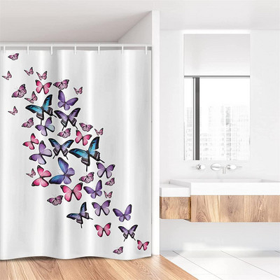 Karikatūra ar rokām apgleznota dzīvnieku dušas aizkars kaķis putns trusis augs puķes bērns vannas istabas dekors ar āķi piekārtu ekrānu, mazgājams