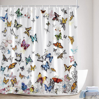 Karikatūra ar rokām apgleznota dzīvnieku dušas aizkars kaķis putns trusis augs puķes bērns vannas istabas dekors ar āķi piekārtu ekrānu, mazgājams