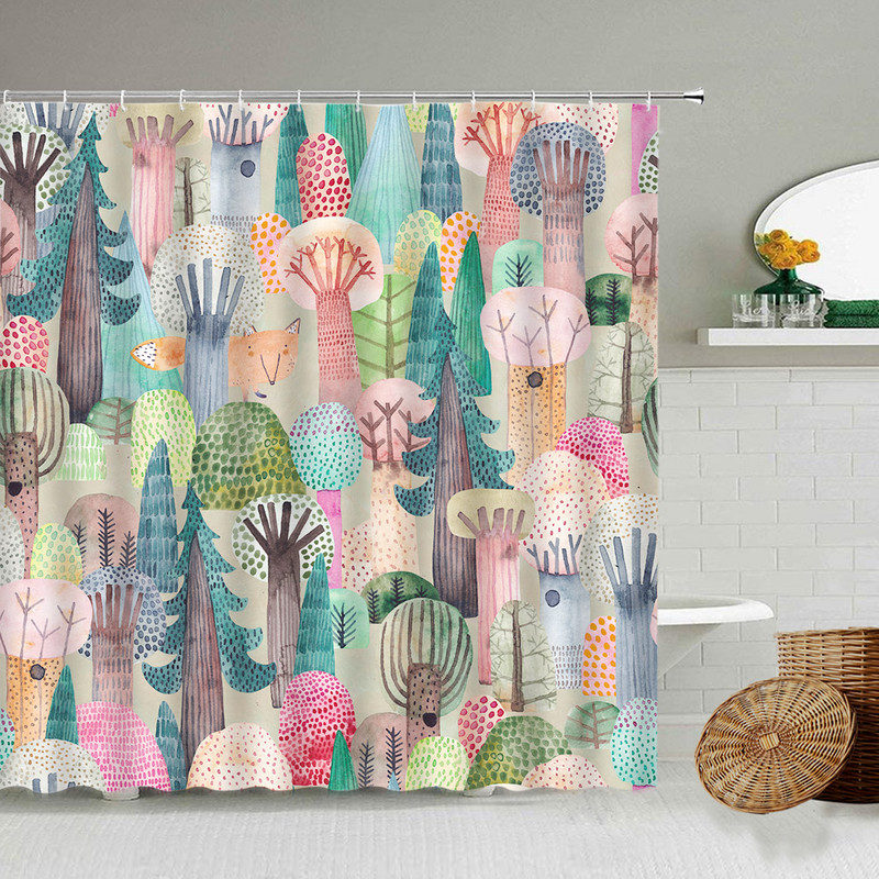 Karikatūra ar rokām apgleznota dzīvnieku dušas aizkars kaķis putns trusis augs puķes bērns vannas istabas dekors ar āķi piekārtu ekrānu, mazgājams