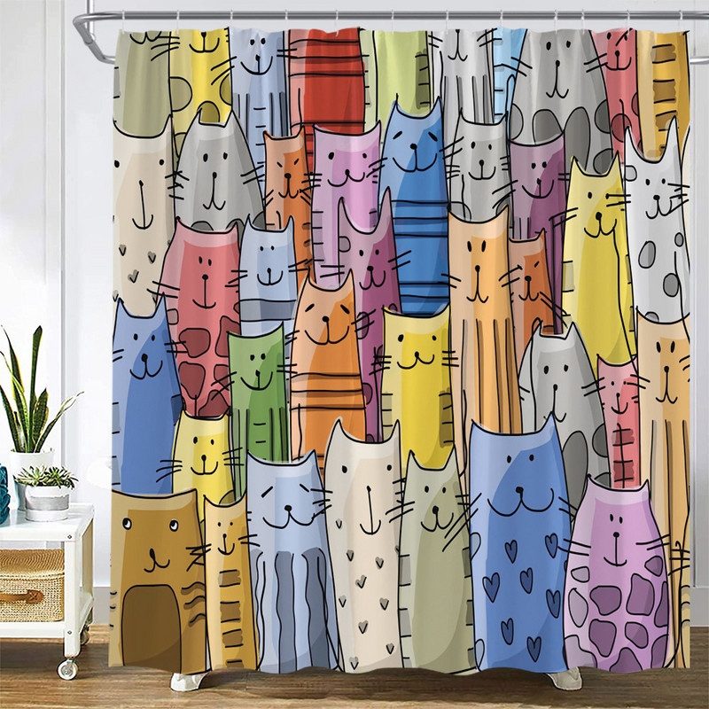 Karikatūra ar rokām apgleznota dzīvnieku dušas aizkars kaķis putns trusis augs puķes bērns vannas istabas dekors ar āķi piekārtu ekrānu, mazgājams