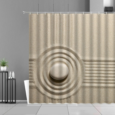 Pješčana plaža Zen kamena zavjesa za tuširanje Zeleno bambusovo lišće Cvijet Zens Pejzaž Vodootporne zavjese za kupanje Set dekoracija za kućnu kupaonicu