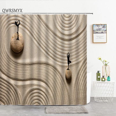 Pješčana plaža Zen kamena zavjesa za tuširanje Zeleno bambusovo lišće Cvijet Zens Pejzaž Vodootporne zavjese za kupanje Set dekoracija za kućnu kupaonicu