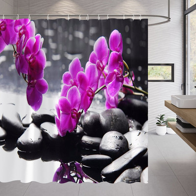 Pješčana plaža Zen kamena zavjesa za tuširanje Zeleno bambusovo lišće Cvijet Zens Pejzaž Vodootporne zavjese za kupanje Set dekoracija za kućnu kupaonicu