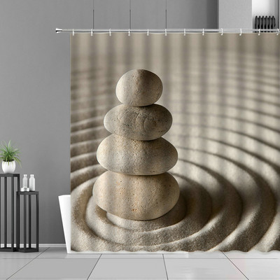 Pješčana plaža Zen kamena zavjesa za tuširanje Zeleno bambusovo lišće Cvijet Zens Pejzaž Vodootporne zavjese za kupanje Set dekoracija za kućnu kupaonicu