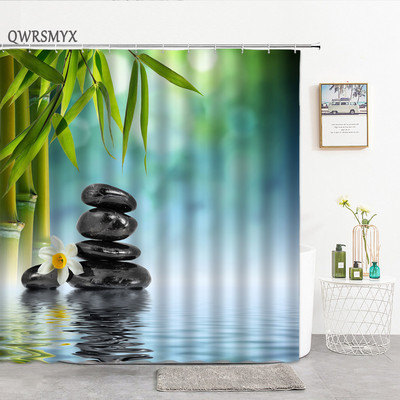 Pješčana plaža Zen kamena zavjesa za tuširanje Zeleno bambusovo lišće Cvijet Zens Pejzaž Vodootporne zavjese za kupanje Set dekoracija za kućnu kupaonicu