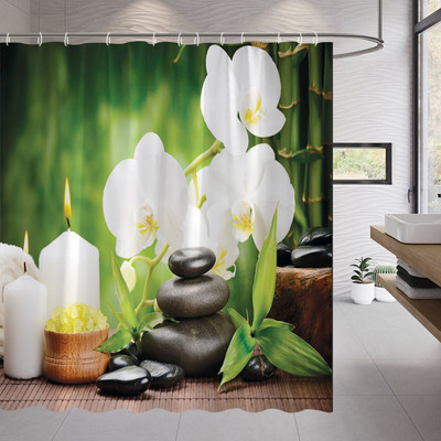 Pješčana plaža Zen kamena zavjesa za tuširanje Zeleno bambusovo lišće Cvijet Zens Pejzaž Vodootporne zavjese za kupanje Set dekoracija za kućnu kupaonicu
