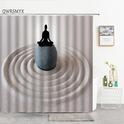 Pješčana plaža Zen kamena zavjesa za tuširanje Zeleno bambusovo lišće Cvijet Zens Pejzaž Vodootporne zavjese za kupanje Set dekoracija za kućnu kupaonicu