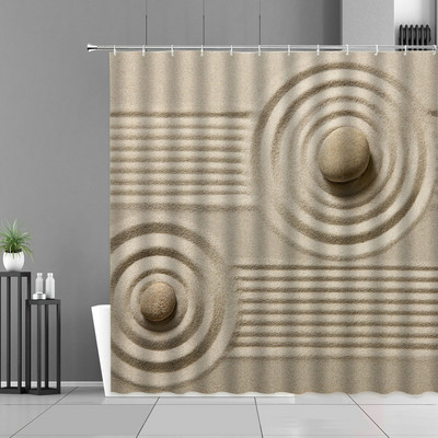 Pješčana plaža Zen kamena zavjesa za tuširanje Zeleno bambusovo lišće Cvijet Zens Pejzaž Vodootporne zavjese za kupanje Set dekoracija za kućnu kupaonicu