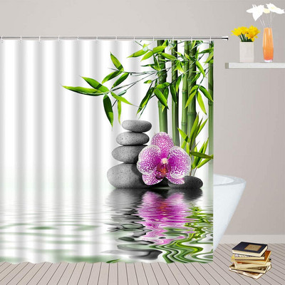 Pješčana plaža Zen kamena zavjesa za tuširanje Zeleno bambusovo lišće Cvijet Zens Pejzaž Vodootporne zavjese za kupanje Set dekoracija za kućnu kupaonicu