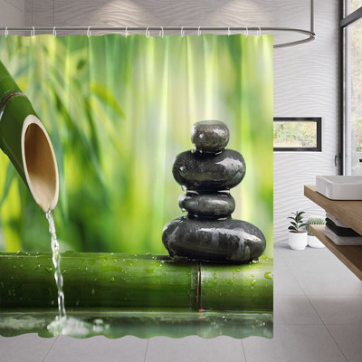 Pješčana plaža Zen kamena zavjesa za tuširanje Zeleno bambusovo lišće Cvijet Zens Pejzaž Vodootporne zavjese za kupanje Set dekoracija za kućnu kupaonicu