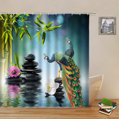 Pješčana plaža Zen kamena zavjesa za tuširanje Zeleno bambusovo lišće Cvijet Zens Pejzaž Vodootporne zavjese za kupanje Set dekoracija za kućnu kupaonicu