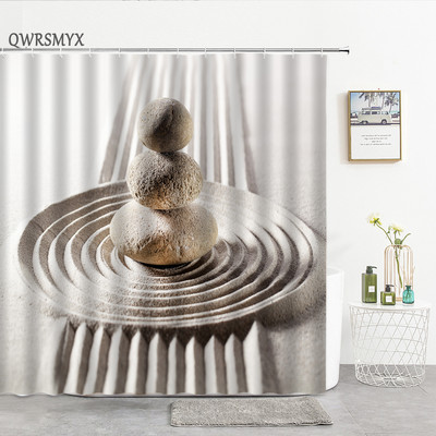 Pješčana plaža Zen kamena zavjesa za tuširanje Zeleno bambusovo lišće Cvijet Zens Pejzaž Vodootporne zavjese za kupanje Set dekoracija za kućnu kupaonicu