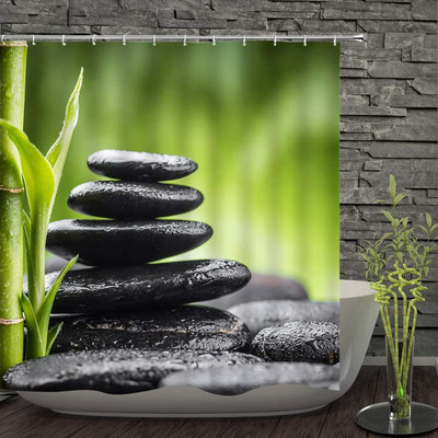 Pješčana plaža Zen kamena zavjesa za tuširanje Zeleno bambusovo lišće Cvijet Zens Pejzaž Vodootporne zavjese za kupanje Set dekoracija za kućnu kupaonicu