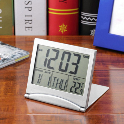 Сгъваем LCD цифров будилник Електронен мини часовник Настолна маса Нощен календар Термометър Метеорологична станция Температура Пътуване!