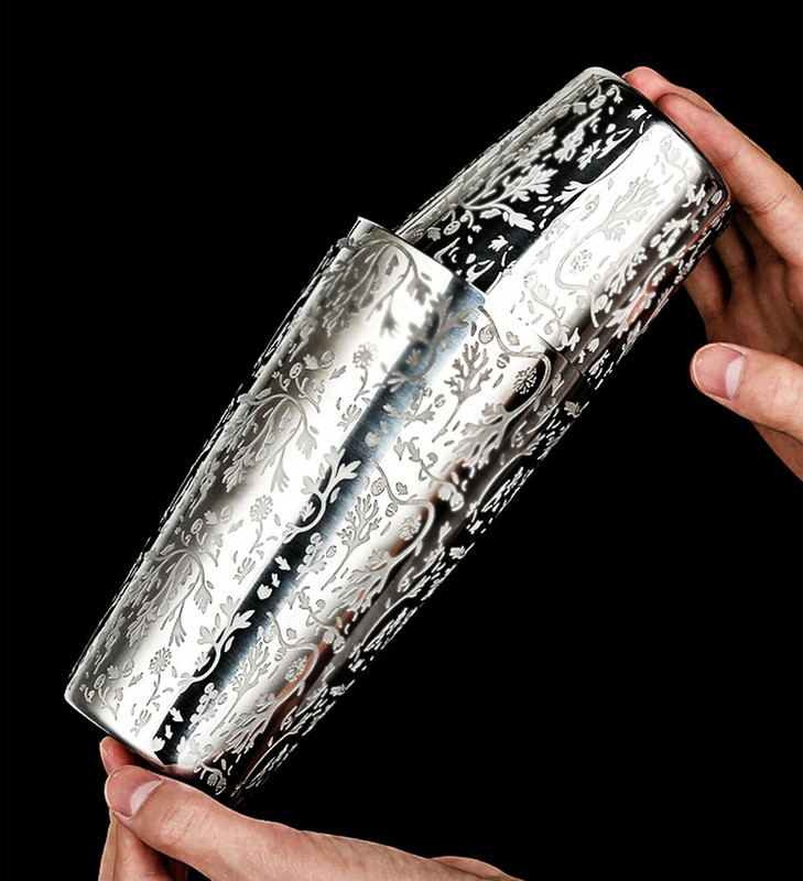Nesvērts Bostonas kokteiļu šeikera bāra šeikeris ar iegravētu zīmējumu kokteiļu šeikera skārda komplekts - 800 ml un 500 ml