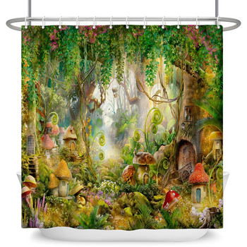 Омагьосана горска завеса за душ Карикатура Magic Tale Mushroom Wonderland Готическа завеса за душ Водоустойчив декор за баня с куки