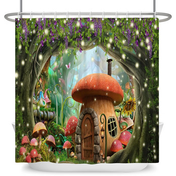 Омагьосана горска завеса за душ Карикатура Magic Tale Mushroom Wonderland Готическа завеса за душ Водоустойчив декор за баня с куки