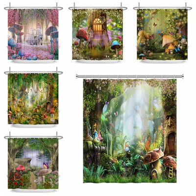 Κουρτίνα μπάνιου Enchanted Forest Cartoon Magic Tale Mushroom Wonderland Gothic κουρτίνα μπάνιου Αδιάβροχη διακόσμηση μπάνιου με γάντζους