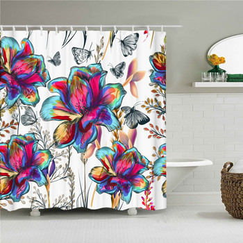 Цветни красиви цветя Завеса за баня Водоустойчива тъкан Завеси за душ Декорация на екрана за баня с флорални рози с куки