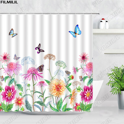 Cvjetni maslačak Zavjese za tuširanje Leptir Akvarel Prirodni cvijet Proljeće Javorovo lišće Dekoracija kupaonice iz sredine stoljeća Zavjesa za kadu