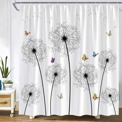 Cvjetni maslačak Zavjese za tuširanje Leptir Akvarel Prirodni cvijet Proljeće Javorovo lišće Dekoracija kupaonice iz sredine stoljeća Zavjesa za kadu