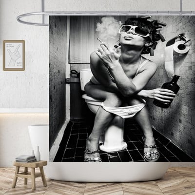 Bijelo crna retro zavjesa za tuš 3D pije puši seksi žena u toaletnim scenama vodootporni poliester paravan za kupaonsku kadu