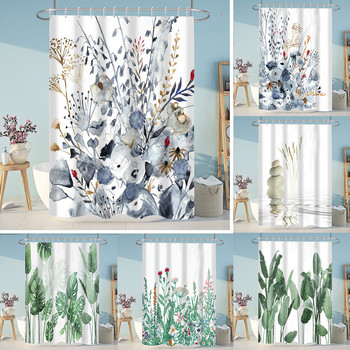 Завеса за душ, листа от тропически растения, цветя, камък, комплект завеси за баня с куки 180x200 см, водоустойчиви тъкани, параван за баня