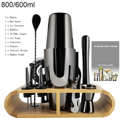 1-13 komada Black Rose Gold Mixer Jigger Metal Bartender Boston Cocktail Shaker Mixer Piće Tool Bar Set Kit Drvena postolja