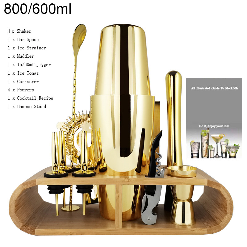 1-13 komada Black Rose Gold Mixer Jigger Metal Bartender Boston Cocktail Shaker Mixer Piće Tool Bar Set Kit Drvena postolja