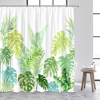Тропически растения Флорални завеси за душ Бежови зелени палмови листа Цветя Скандинавски декор Комплекти завеси за баня Полиестерен плат