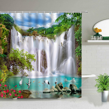 Σετ κουρτινών μπάνιου με φυσικό τοπίο Waterfall Spring Landscape Διακόσμηση μπανιέρας σπιτιού Αδιάβροχο ύφασμα πολυεστέρα Κουρτίνες μπάνιου