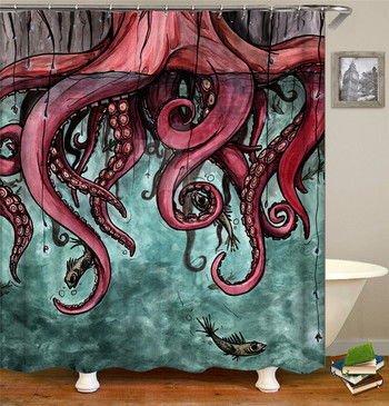 Octopus Seas Κουρτίνες Μπάνιου Κουρτίνα Μπάνιου 180*180cm Αδιάβροχη Διακόσμηση Μπάνιου Σπιτιού Υφασμάτινη Σίτα Μπάνιου που πλένεται με 12 Γάντζους