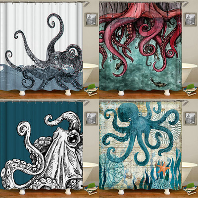Octopus Seas Завеси за душ Завеса за баня 180*180 см Водоустойчива баня Начало Декор Миещ се плат Параван за баня с 12 куки