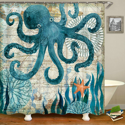 Octopus Seas dušas aizkari vannas aizkars 180*180cm ūdensizturīgs vannas istabas mājas dekors mazgājams audums vannas istabas ekrāns ar 12 āķiem