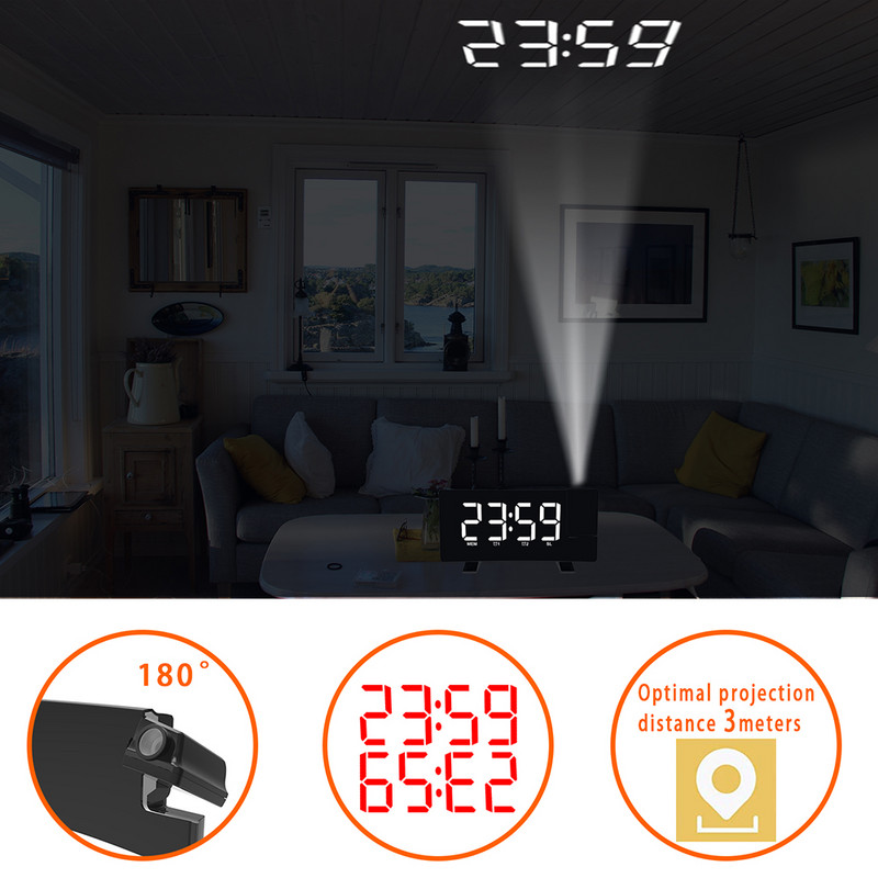 Digitālais LED atlikšanas darbvirsmas modinātāja taimeris Rotējošais projektors FM radio projekcijas fona apgaismojums izliekta ekrāna modinātājs