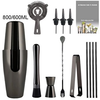 3-12 τμχ/Σετ Cocktail Shaker Bartenders Μαύρο/Ροζ χρυσό 800ml 600ml Shakers Wine Stopper Bar Αξεσουάρ Μπάρες Barware with Recipe