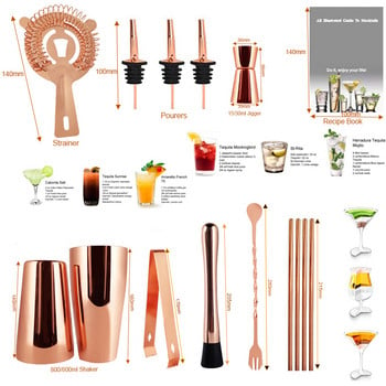 3-12 τμχ/Σετ Cocktail Shaker Bartenders Μαύρο/Ροζ χρυσό 800ml 600ml Shakers Wine Stopper Bar Αξεσουάρ Μπάρες Barware with Recipe