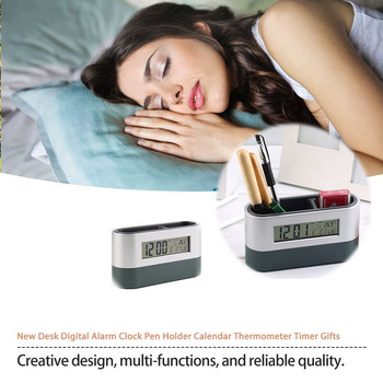 Мултифункционален дигитален будилник с държач за писалка, календар, температурен дисплей, сив цвят, дроп доставка