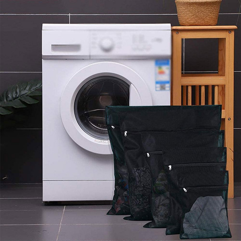 4 dydžio užtrauktukas juodas tinklinis skalbinių krepšys, apsauginis tinklelis, sulankstomas, storesnis, švelnus apatinis trikotažas, skalbimo mašina, drabužiai