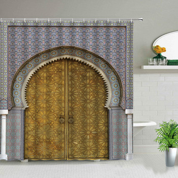 Μαροκινό κίτρινο αντίκες τοξωτές πόρτες Κουρτίνες μπάνιου Παλιά vintage ξύλινη πόρτα μπάνιου αδιάβροχο ύφασμα κουρτίνες μπάνιου με γάντζους