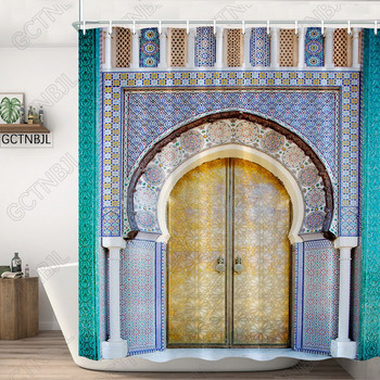 Марокански жълти антични аркови врати Завеси за душ Стара реколта Дървена врата Баня Водоустойчив плат Завеси за баня с куки