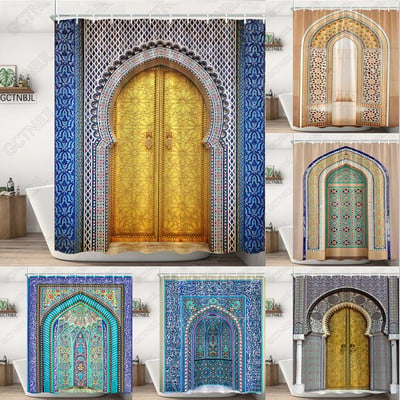 Марокански жълти антични аркови врати Завеси за душ Стара реколта Дървена врата Баня Водоустойчив плат Завеси за баня с куки