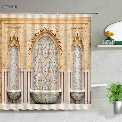 Marokas dzeltenas antīkas arkveida durvis dušas aizkari veci vintage koka durvis vannas istabai ūdensizturīgs audums vannas aizkari ar āķiem