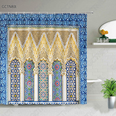 Marokas dzeltenas antīkas arkveida durvis dušas aizkari veci vintage koka durvis vannas istabai ūdensizturīgs audums vannas aizkari ar āķiem