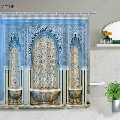 Marokas dzeltenas antīkas arkveida durvis dušas aizkari veci vintage koka durvis vannas istabai ūdensizturīgs audums vannas aizkari ar āķiem