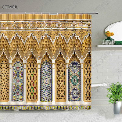 Marokas dzeltenas antīkas arkveida durvis dušas aizkari veci vintage koka durvis vannas istabai ūdensizturīgs audums vannas aizkari ar āķiem
