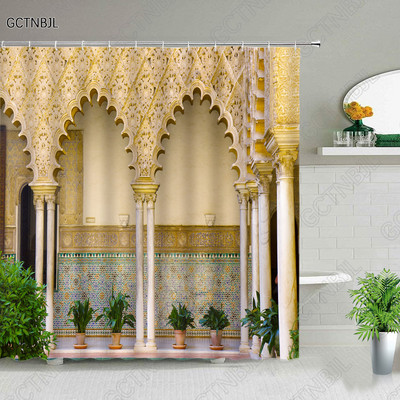 Marokas dzeltenas antīkas arkveida durvis dušas aizkari veci vintage koka durvis vannas istabai ūdensizturīgs audums vannas aizkari ar āķiem